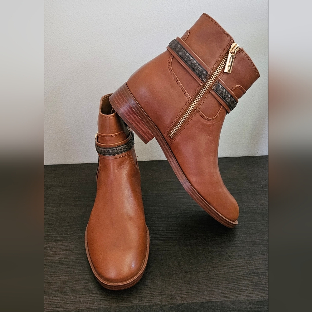 Michael Kors Brown Leather Ankle Boots with Gold Zipper